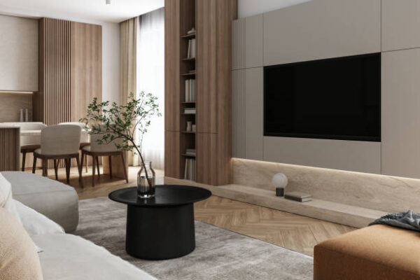 Living room interior design- 3d render beige and brown colored furniture and wooden elements