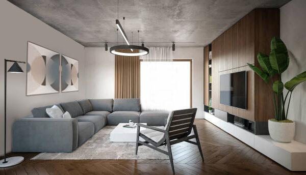 Interior Design. Architecture. Computer generated image of living room. Architectural Visualization. 3D rendering.